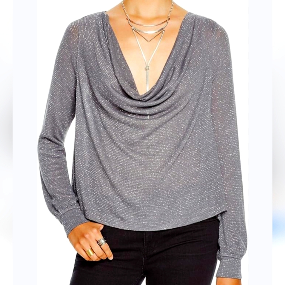 Free People Metallic Draped V Neck Long Sleeve Top